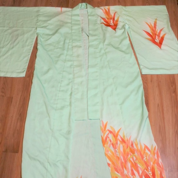 Tsukesage Silk Kimono Robe BEAUTIFUL DETAIL HANDMADE Mint Aqua Seafoam LONG - Picture 7 of 11